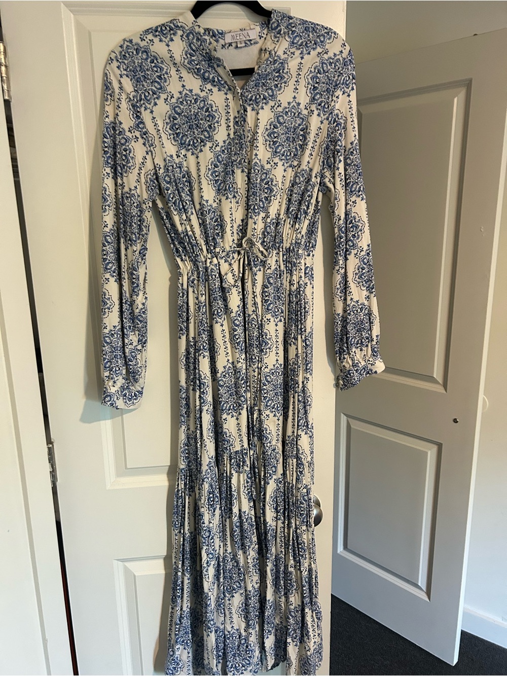 Cream Maxi Dress with Blue Medallion Print